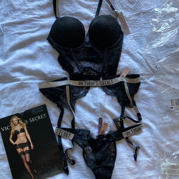 Victoria's Secret Shine 3 Piece Matching Lace Set w/ Lace Stockings - Picture 10 of 16